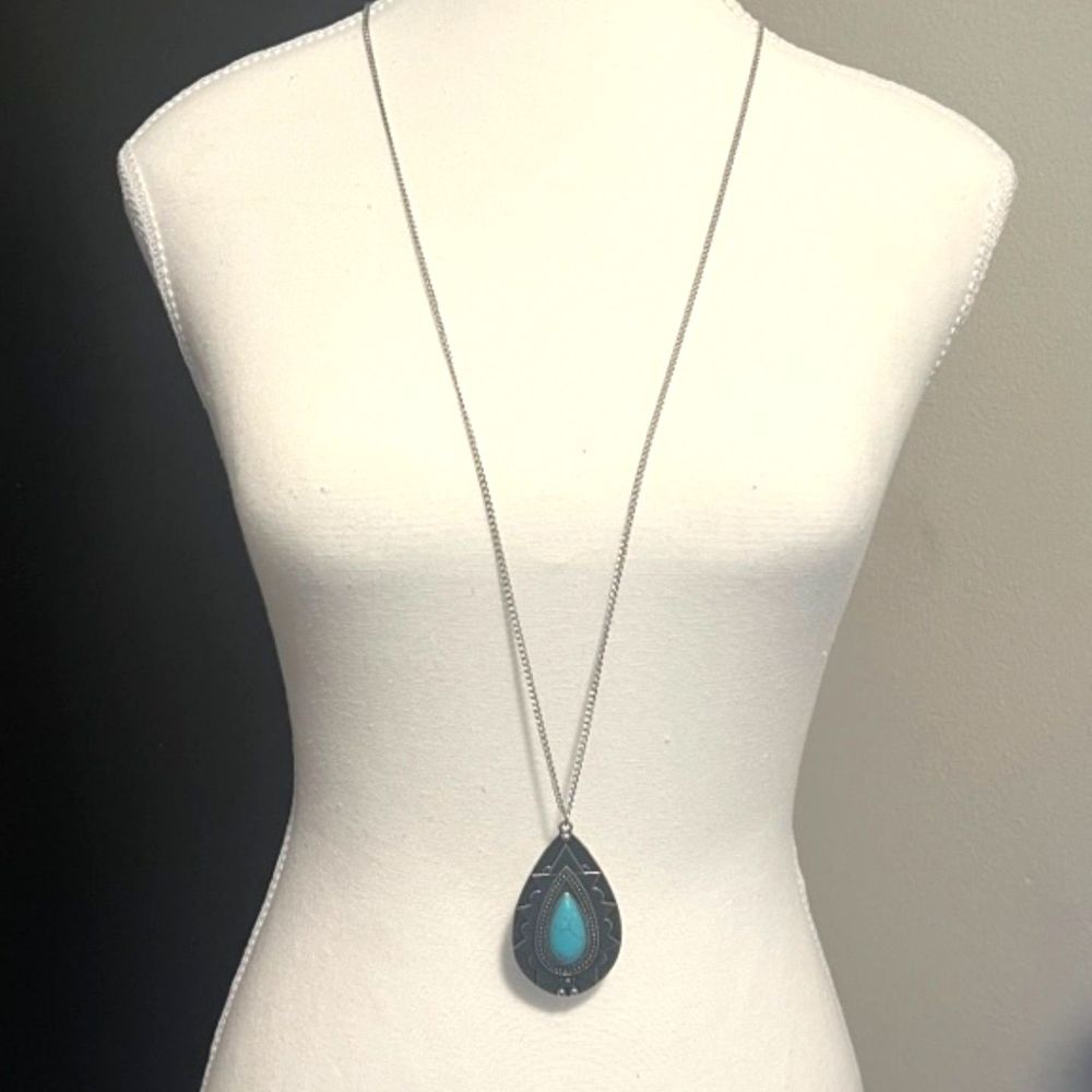 Turquoise Gemstone Silver Tone Chain Tear Drop Pendant 41 Inch Necklace